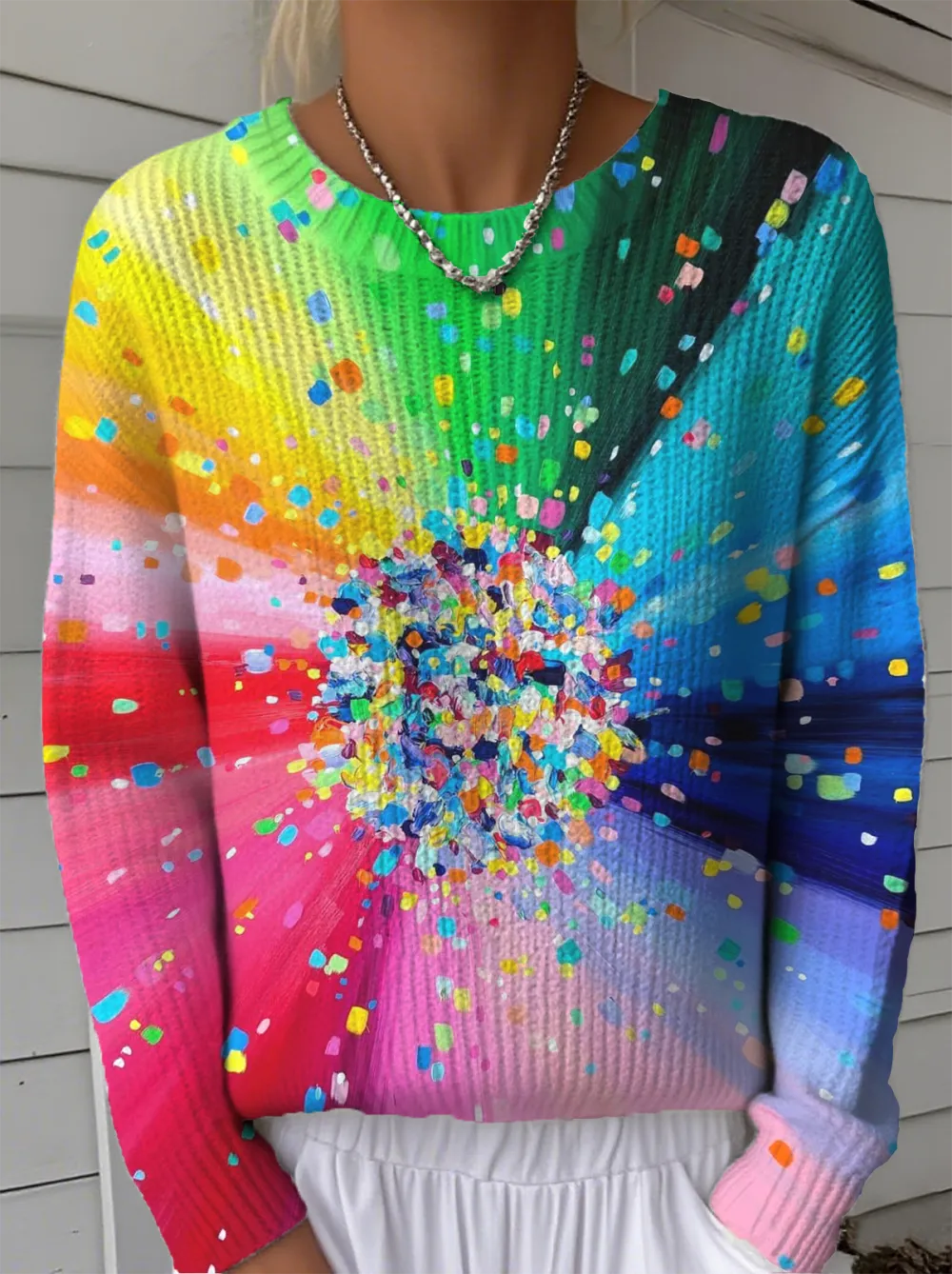 Women's Line Pattern Crew Neck Sweater Casual Comfort Regular Pullover Sweatshirt