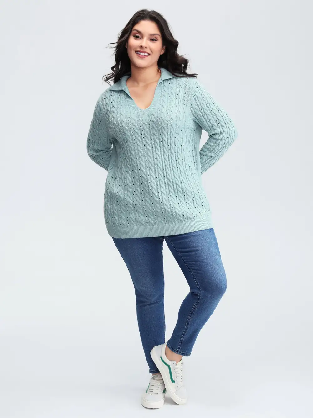 Textured Polo Collar Cable Knit Pullover