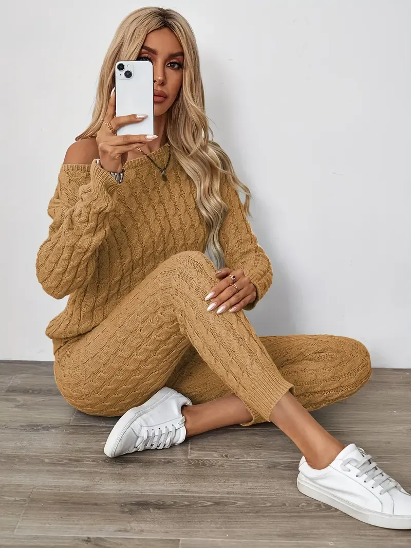 Solid Knitted Matching Two-piece Set, Casual Long Sleeve Sweater & Pants Outfits, Women's Clothing