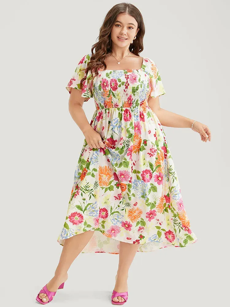 Floral Backless Shirred Square Neck Pocket Ruffle Hem Dress