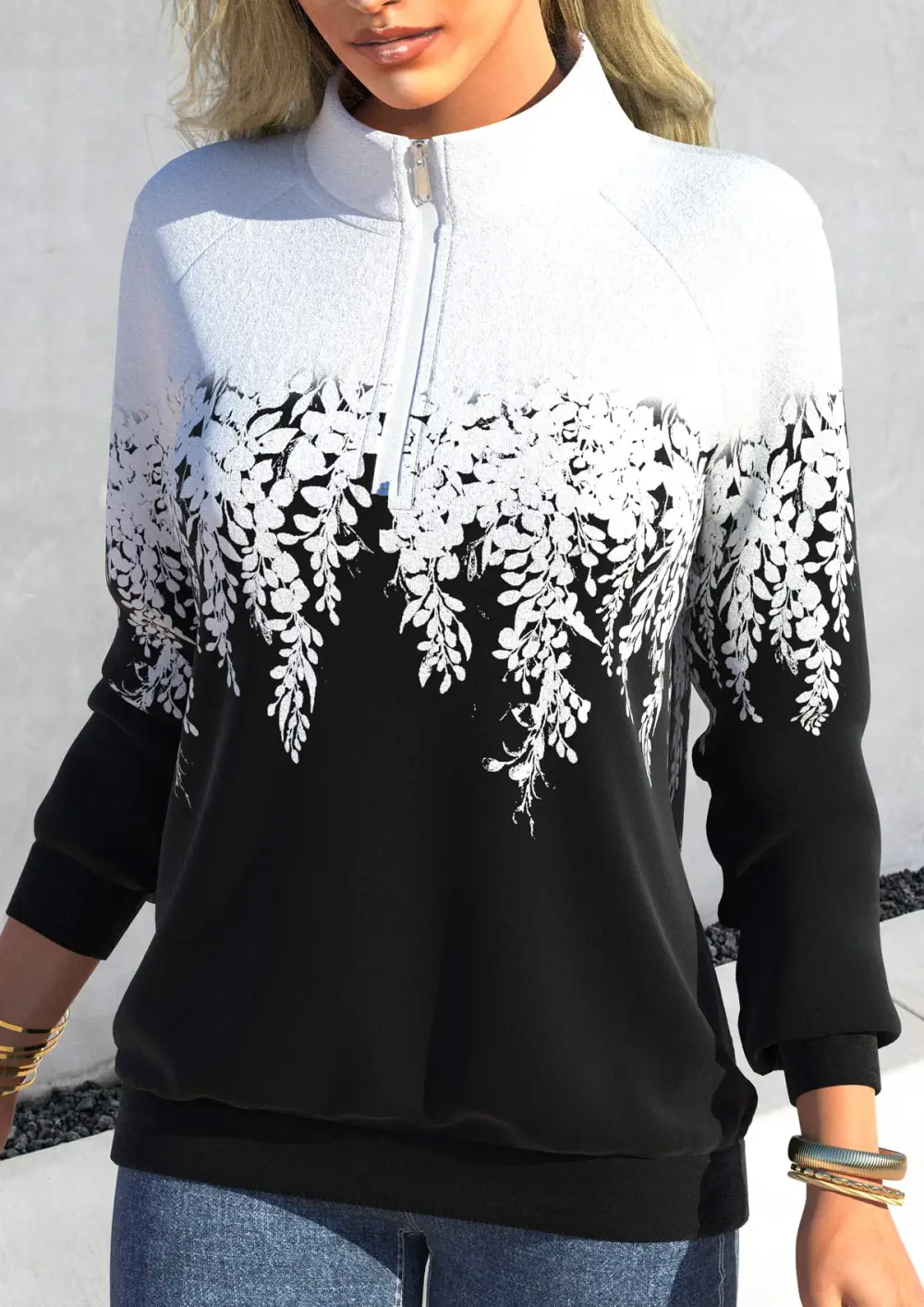 Black Zipper Leaf Print Long Sleeve High Neck Sweatshirt