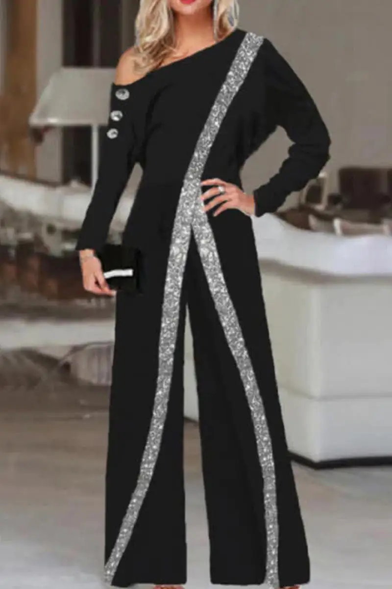 Casual Solid Patchwork Oblique Collar Straight Jumpsuits