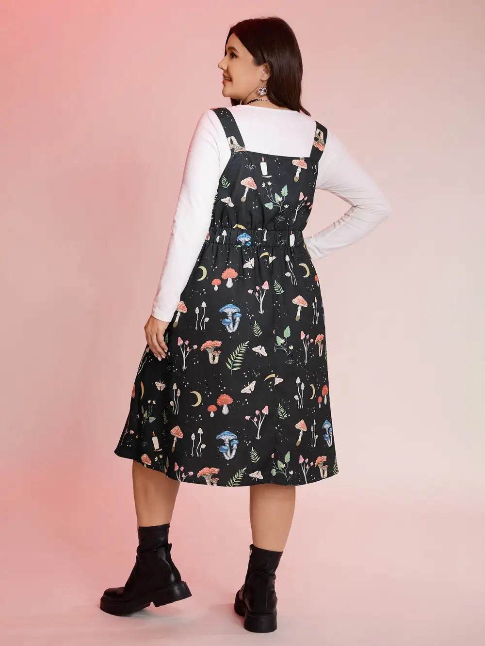Mushroom Print Adjustable Strap Midi Dress