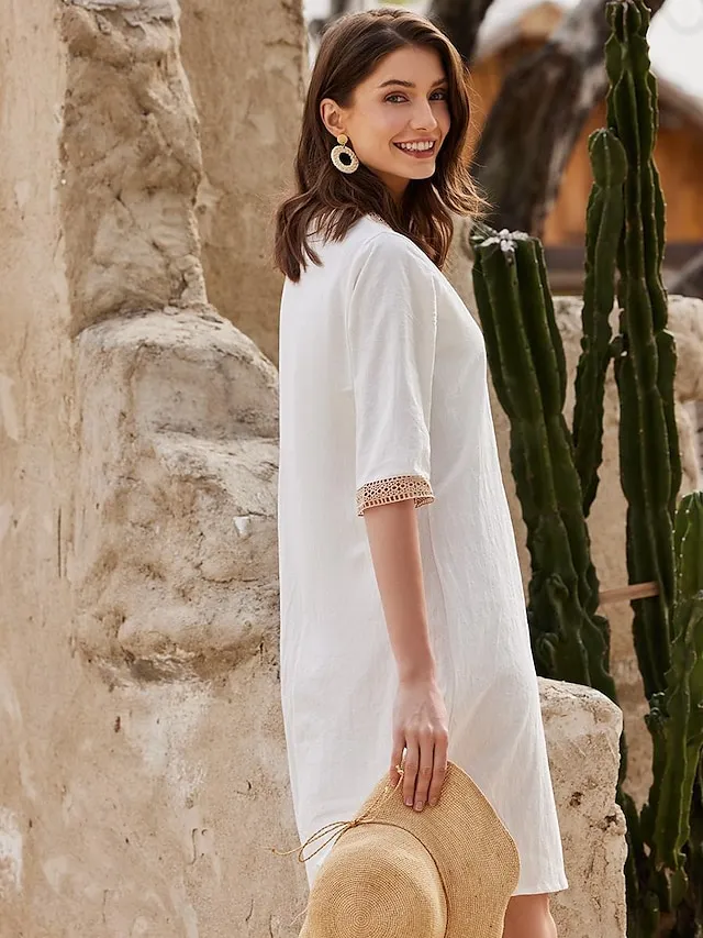 Women's Cotton Linen Shift Midi Dress V Neck Half Sleeve Patchwork Regular Fit Casual Outdoor Vacation Summer Spring White Khaki Gray Plain