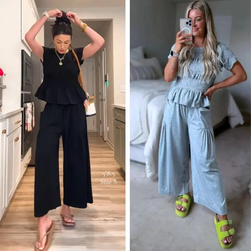 Women's 2-Piece Smocked Top & Wide-Leg Pants Lounge Set with Pockets