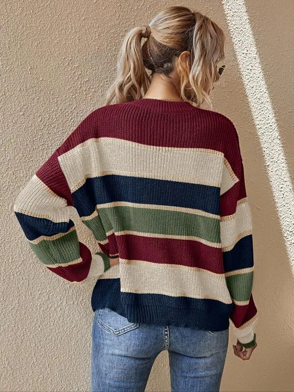 Women's Colorblock Striped Drop Shoulder Sweater