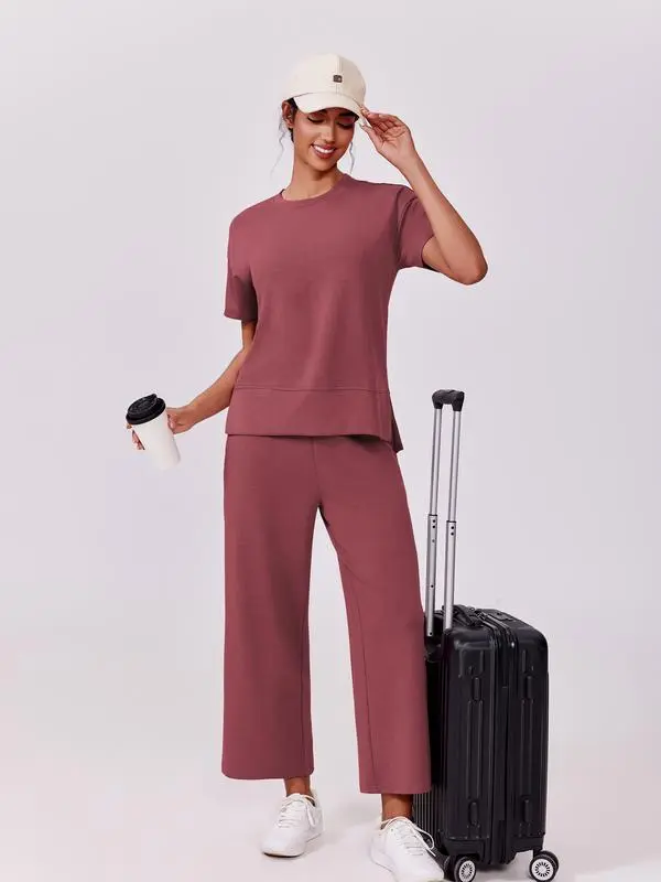 2 Piece Tracksuit for Womenswear Soft Short Sleeve Outdoor Wide Adjustable Leg Pockets Pants Lounge Matching Travel