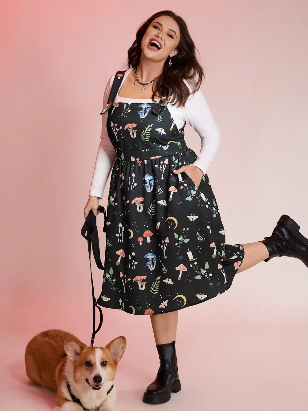 Mushroom Print Adjustable Strap Midi Dress