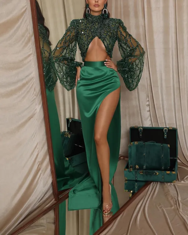 Women's Green Hollow Sequins Slit Dress
