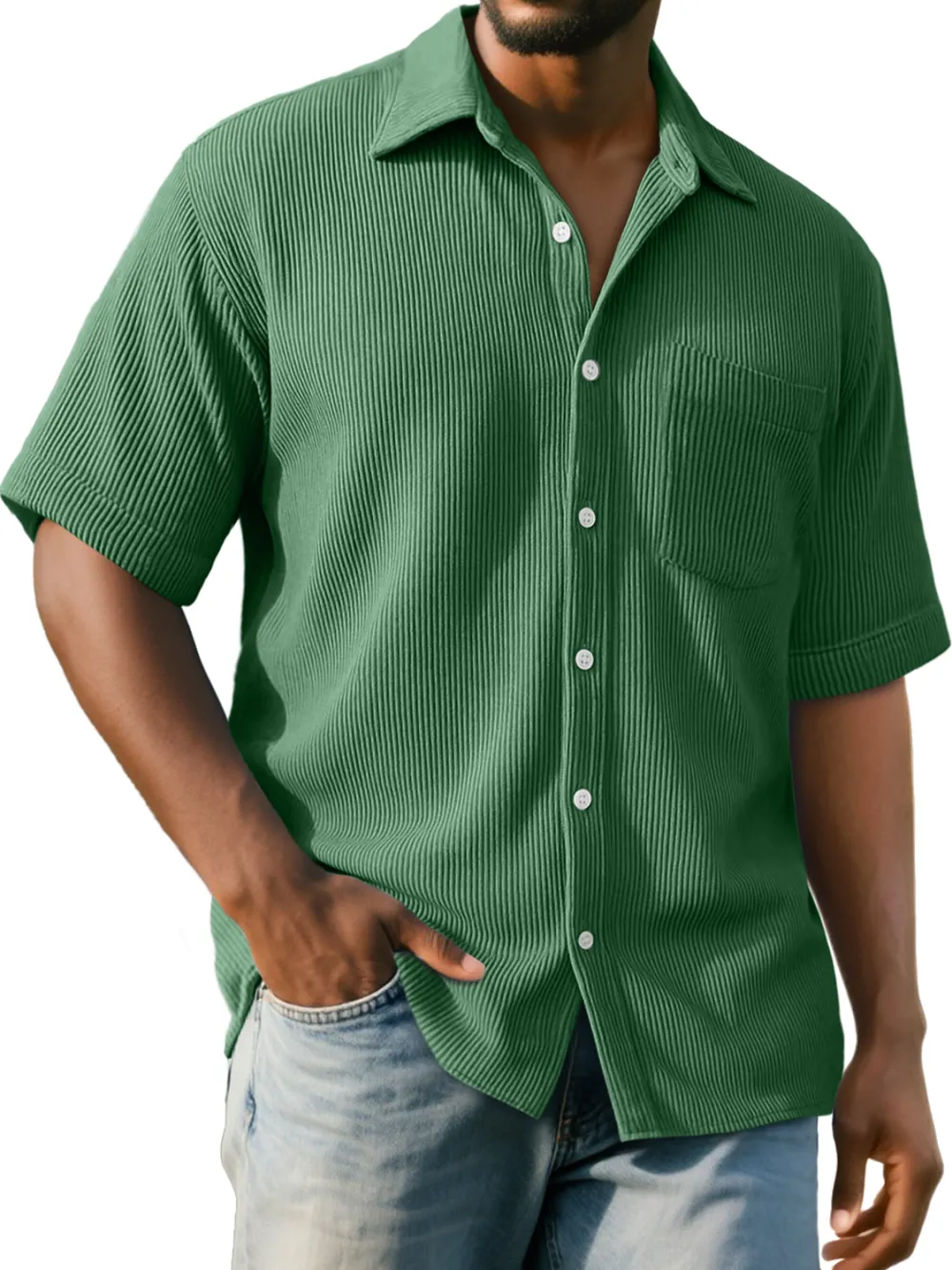 Men's Daily Ribbed Pocket Casual Comfort Solid Color Short Sleeve Shirt