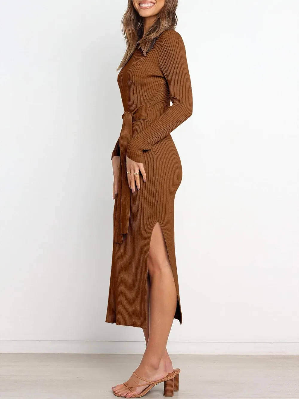 Long Sleeve Sweater Dress Crew Neck Slim Fit Slit Tie Waist 2024 Ribbed Knit Bodycon Midi Dress Fall Outfits