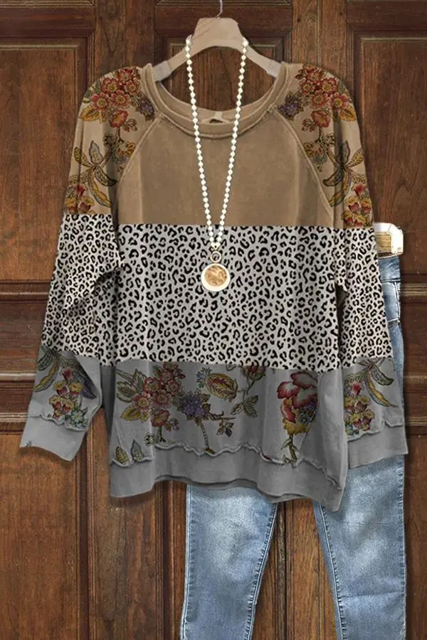 Colorblock Floral Leopard Print Long Sleeve Sweatshirt