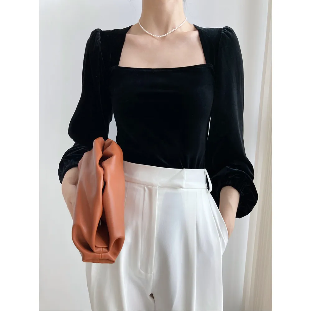 Black Velvet Square Collar Bubble Sleeve Blouse