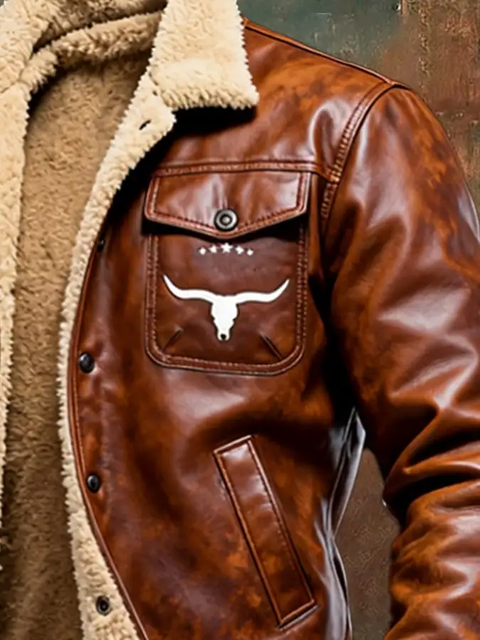 Men's Vintage Leather Patchwork Plush Warm Jacket