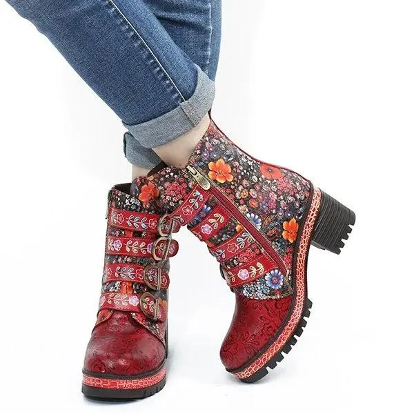 Floral Pattern Metal Buckle Chunky Heel Short Boots