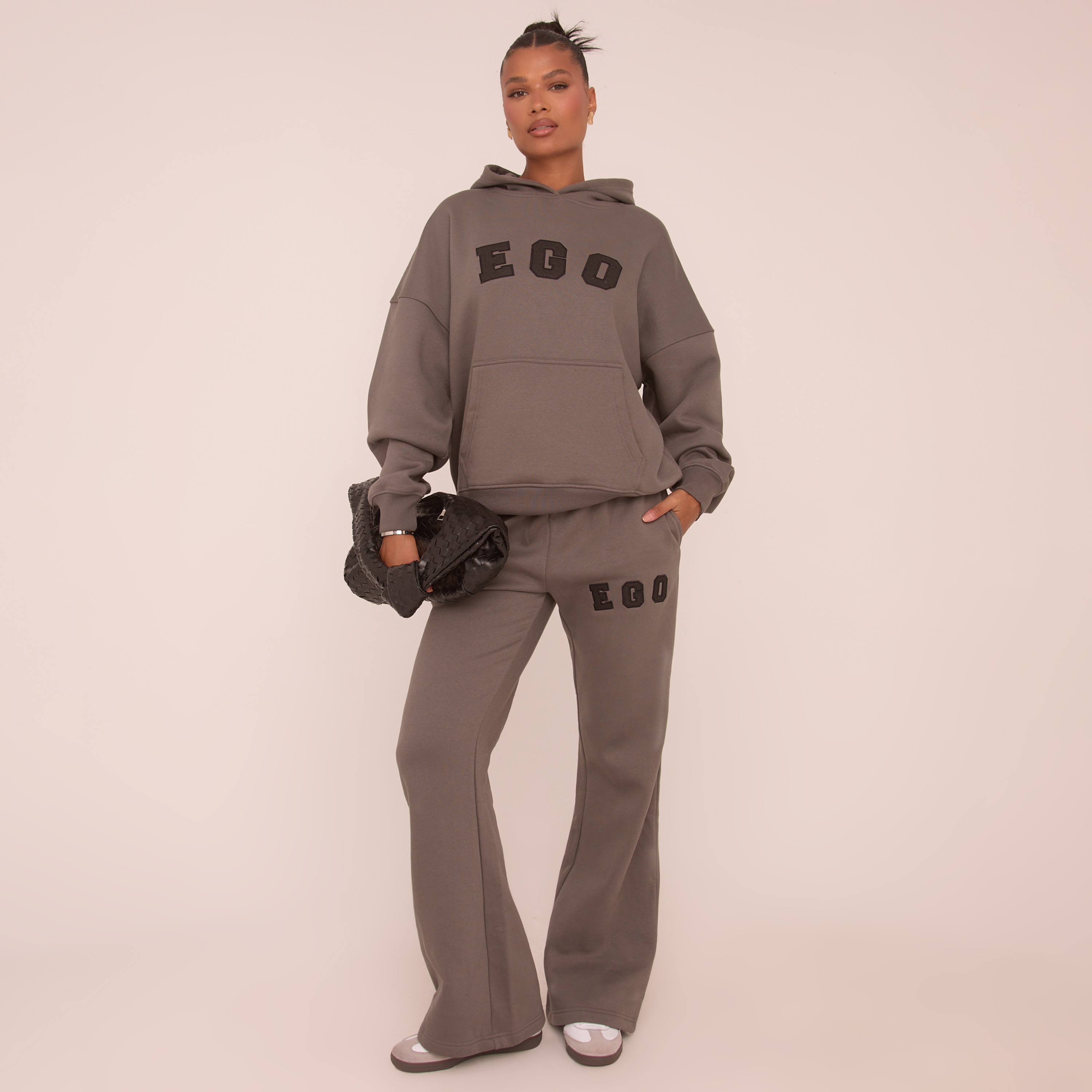 High Waist Ego Graphic Slogan Flared Leg Joggers In Grey