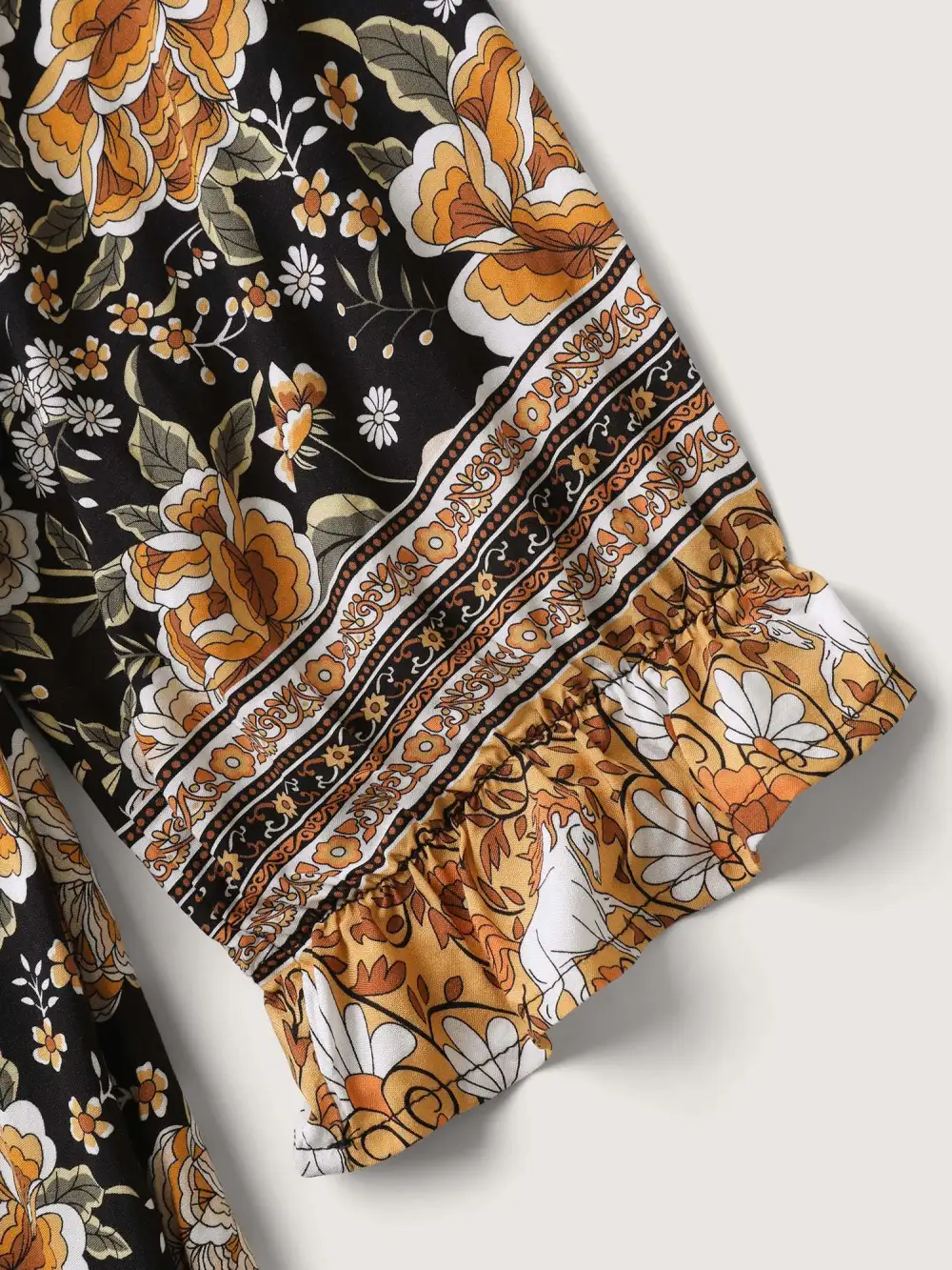 Floral Print Waist-Cinched Contrast Midi Dress