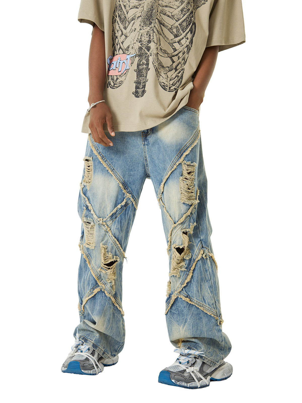 Heavy Washed Ripped Plaid Stitching Hip-Hop Jeans - 2174