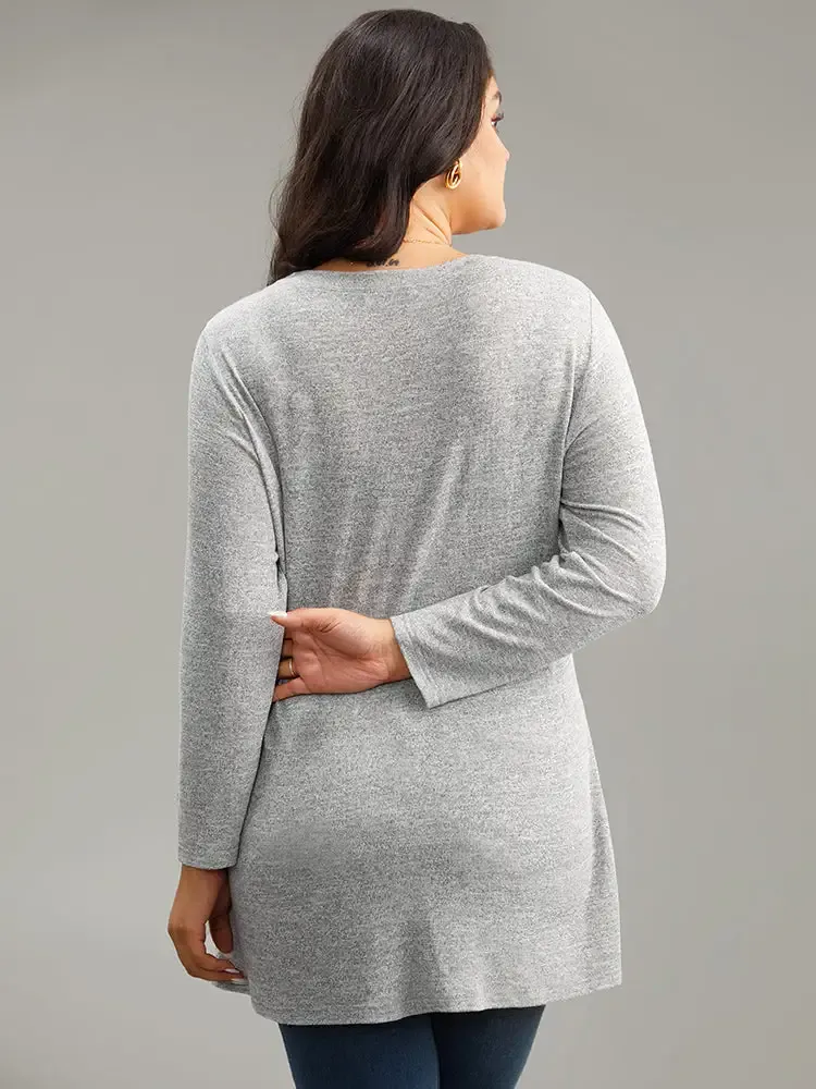 Contrast Patchwork Crew Neck Button Detail T-Shirt