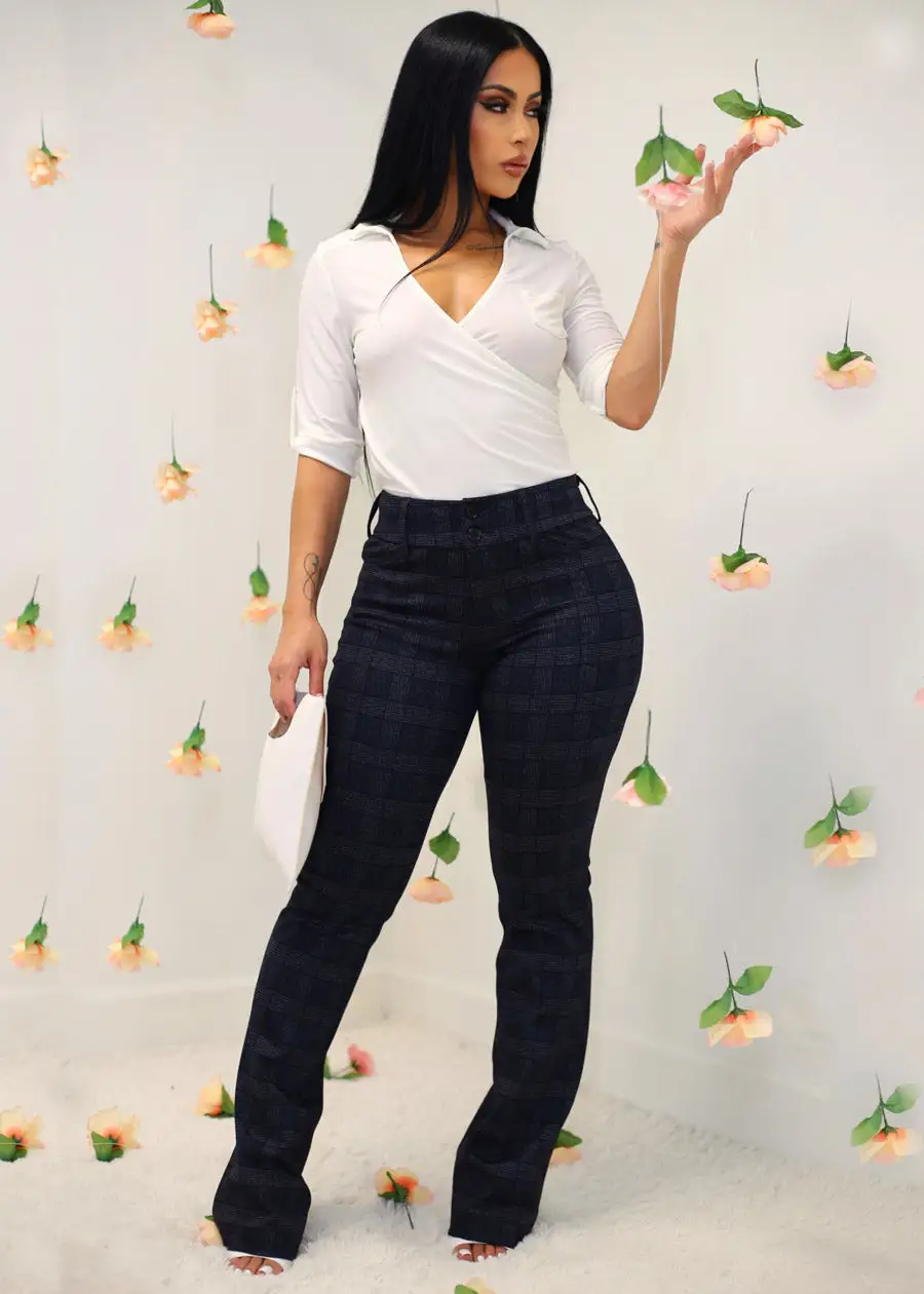 High Waist Plaid Bootcut Stretch Dress Pants Charcoal