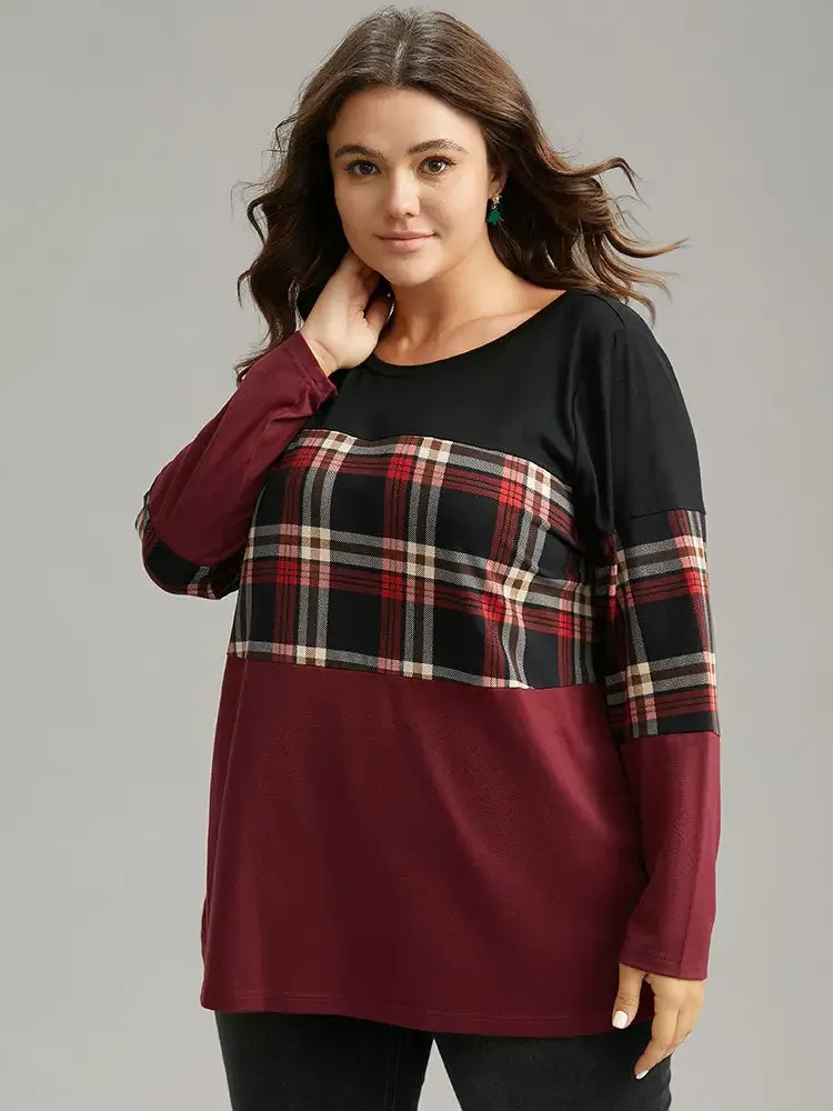 Plaid Contrast Patchwork Round Neck T-Shirt