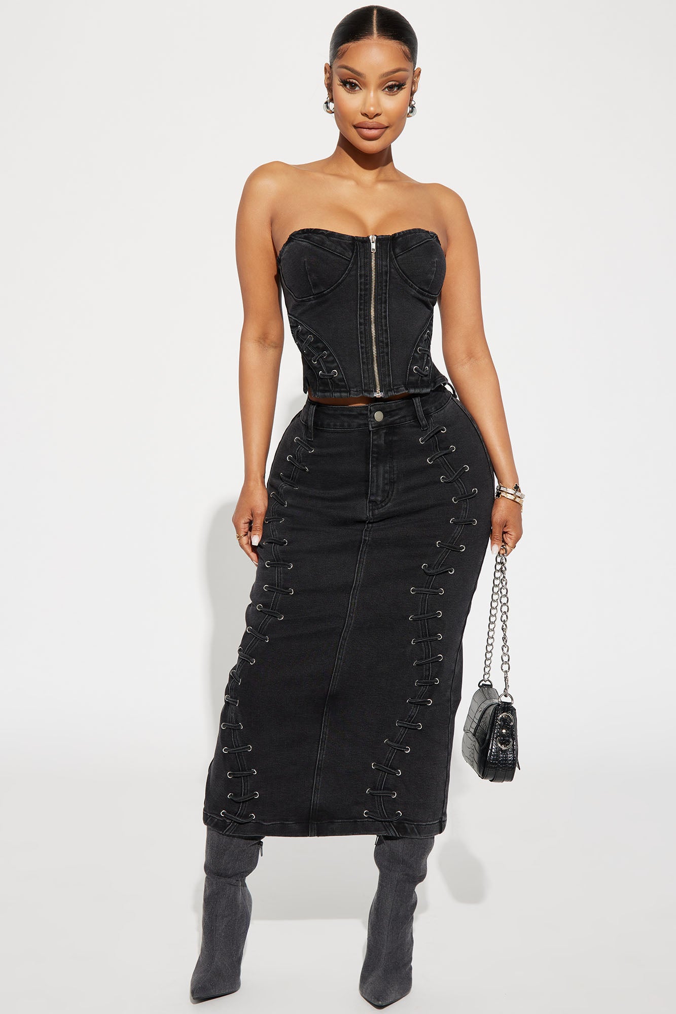 Take Control Denim Skirt Set - Black
