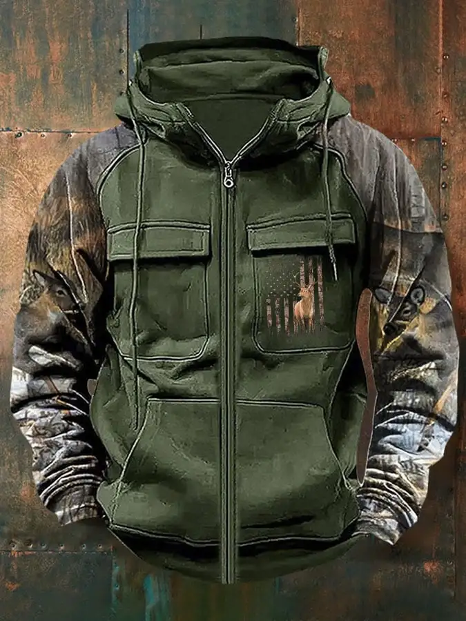 Men's Vintage Western Deer Print Multi-Pocket Jacket