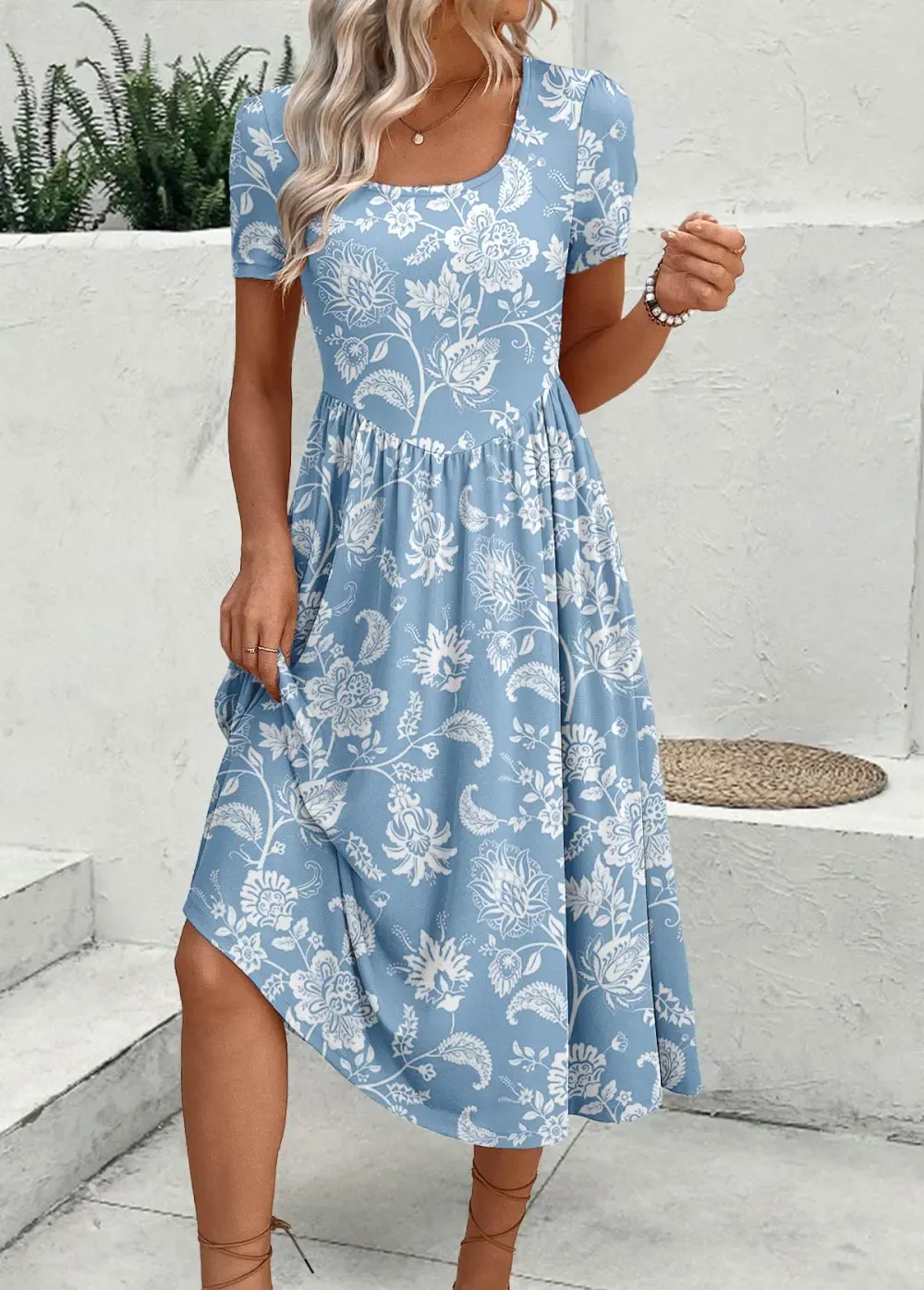 Dusty Blue Zipper Floral Print Short Sleeve Dress
