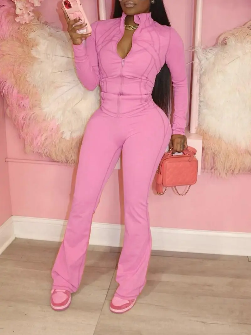 Women’s Fall/Winter 2-Piece Set: Solid Zip-Up Jacket + Flare-Leg Pants (Casual, Cozy)