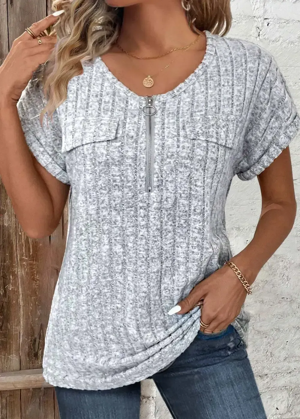 Light Grey Marl Zipper Short Sleeve V Neck Blouse