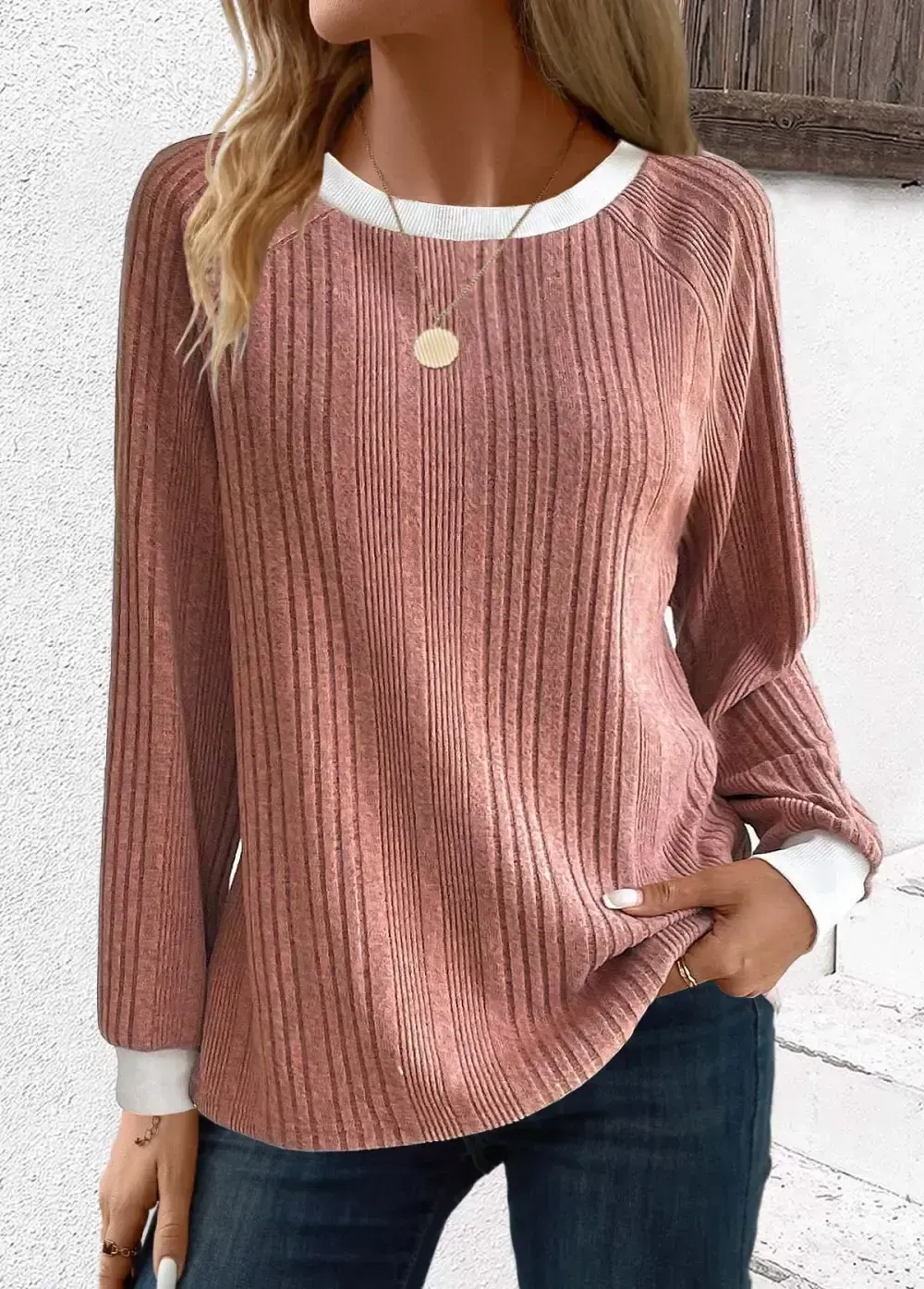 Dusty Pink Patchwork Long Sleeve Round Neck Sweatshirt