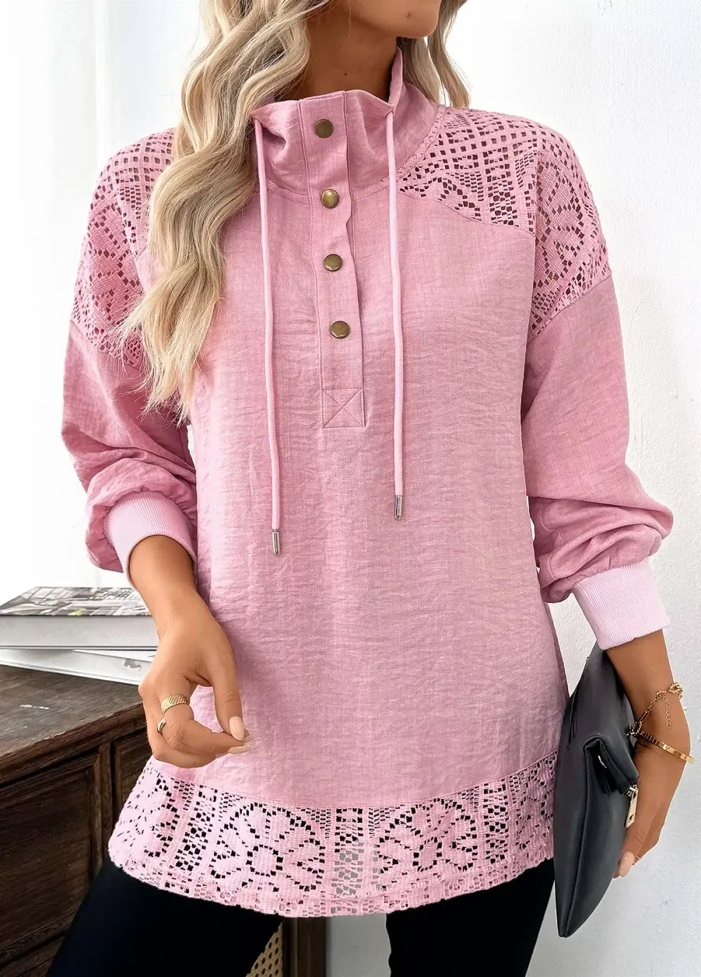 Pink Tummy Coverage Long Sleeve Stand Collar Sweatshirt