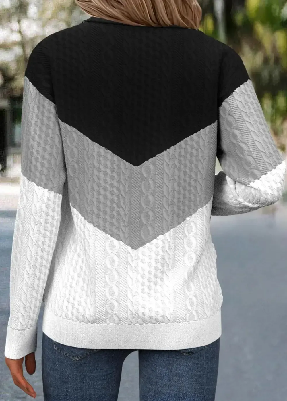 Black Jacquard Long Sleeve Turn Down Collar Sweatshirt