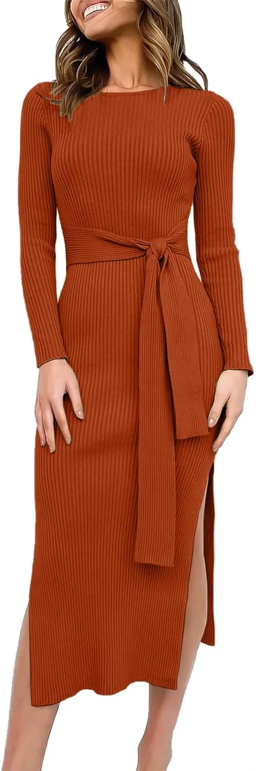 Long Sleeve Sweater Dress Crew Neck Slim Fit Slit Tie Waist 2024 Ribbed Knit Bodycon Midi Dress Fall Outfits
