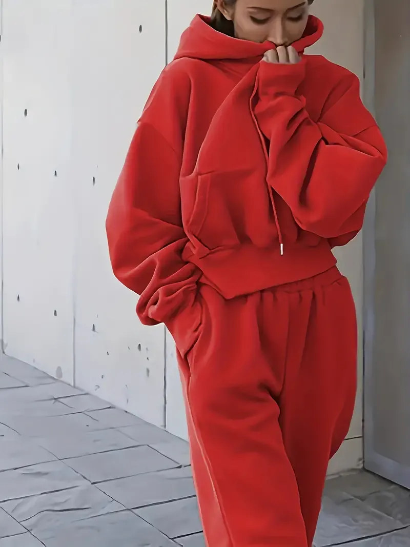 2PCS Oversized Athleisure Set: Solid Hooded Pocket Drawstring Sweatshirts & Sweatpants Sets for Women, Plus Size Comfortable Clothing