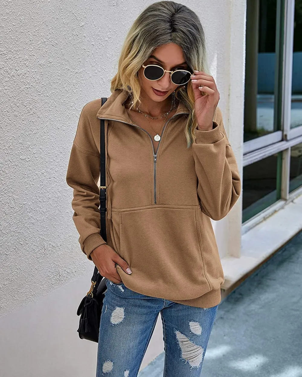 Women's Casual Long Sleeve Lapel Zipper Sweatshirt Drawstring Loose Pullover Tops