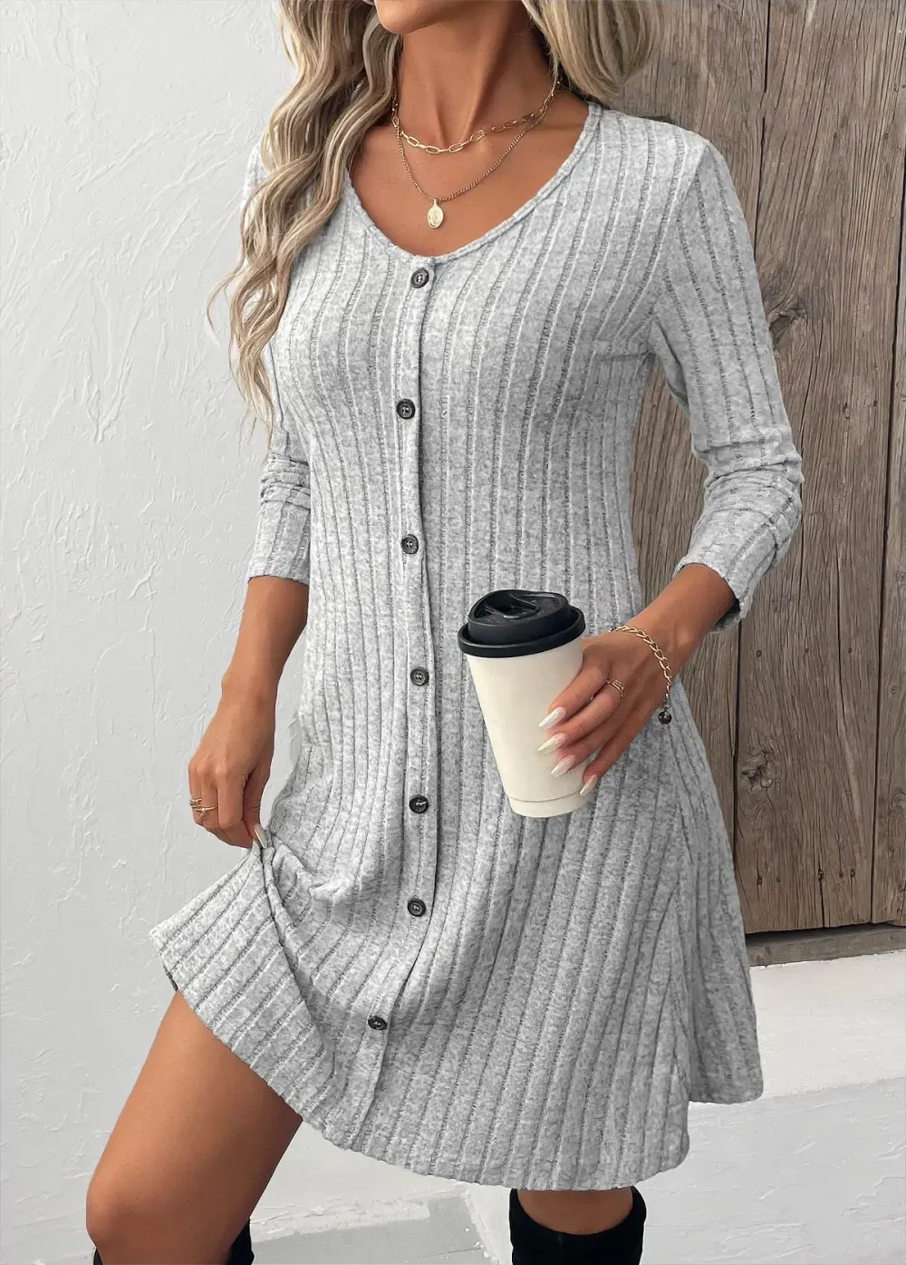 Light Grey Button Long Sleeve Scoop Neck Dress