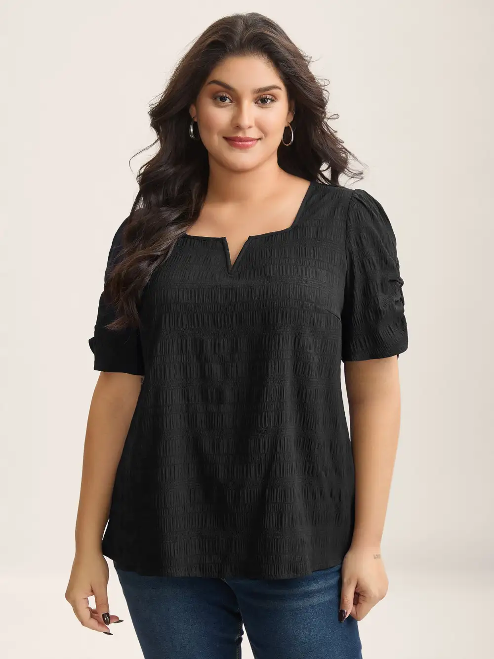 Textured Gathered Sleeve Split Neck Blouse