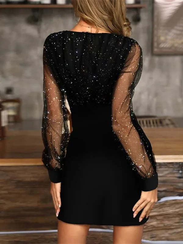 Women‘s Black Dress Wedding Guest Cocktail Dress Sexy V Neck Bodycon Patchwork Long Mesh Sleeve  Spring Summer