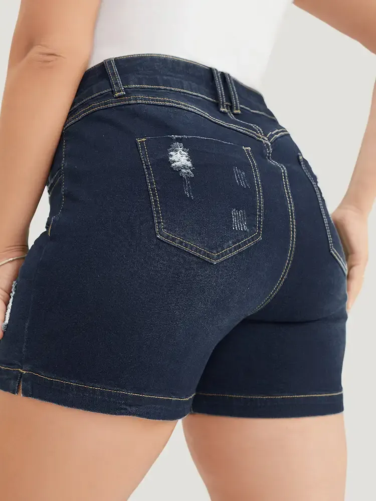 Moderately Stretchy High Rise Dark Wash Distressed Denim Shorts