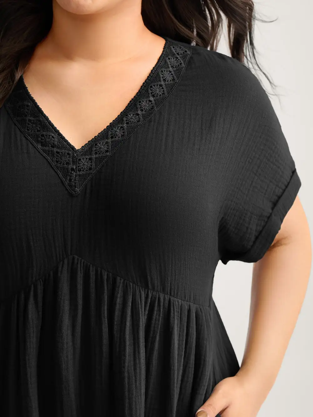 Pure Cotton Lace V-Neck Solid Midi Dress