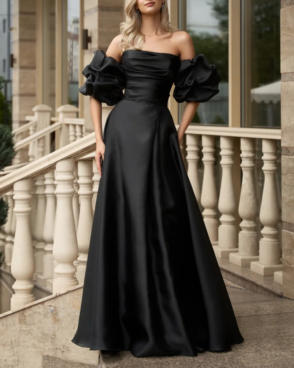 Women's Puff Sleeves Slit Solid Color Party Dress