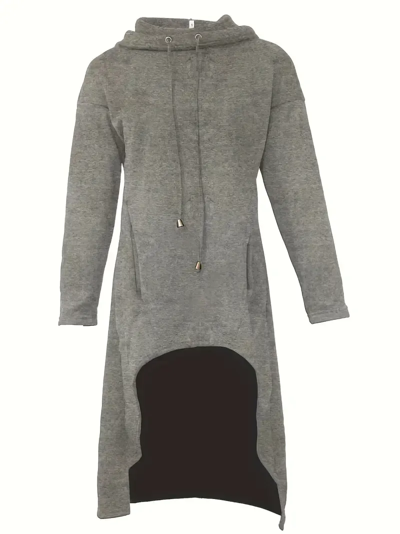 Solid Color Hig-low Hoodie, Casual Long Sleeve Drawstring Hoodie Sweatshirt,