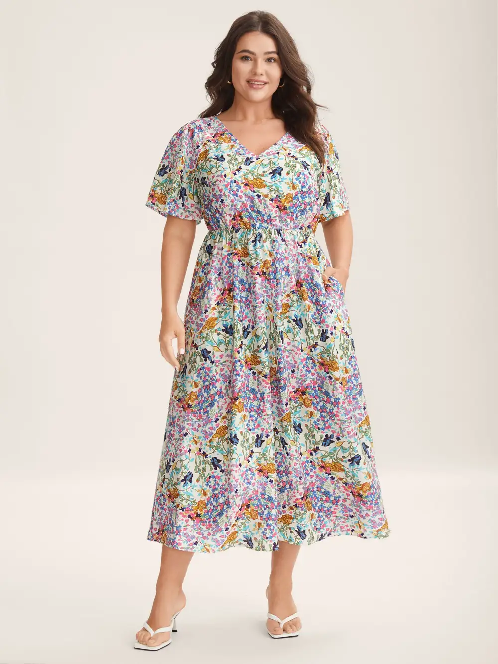 Floral Print Cinched-Waist Pockets Midi Dress