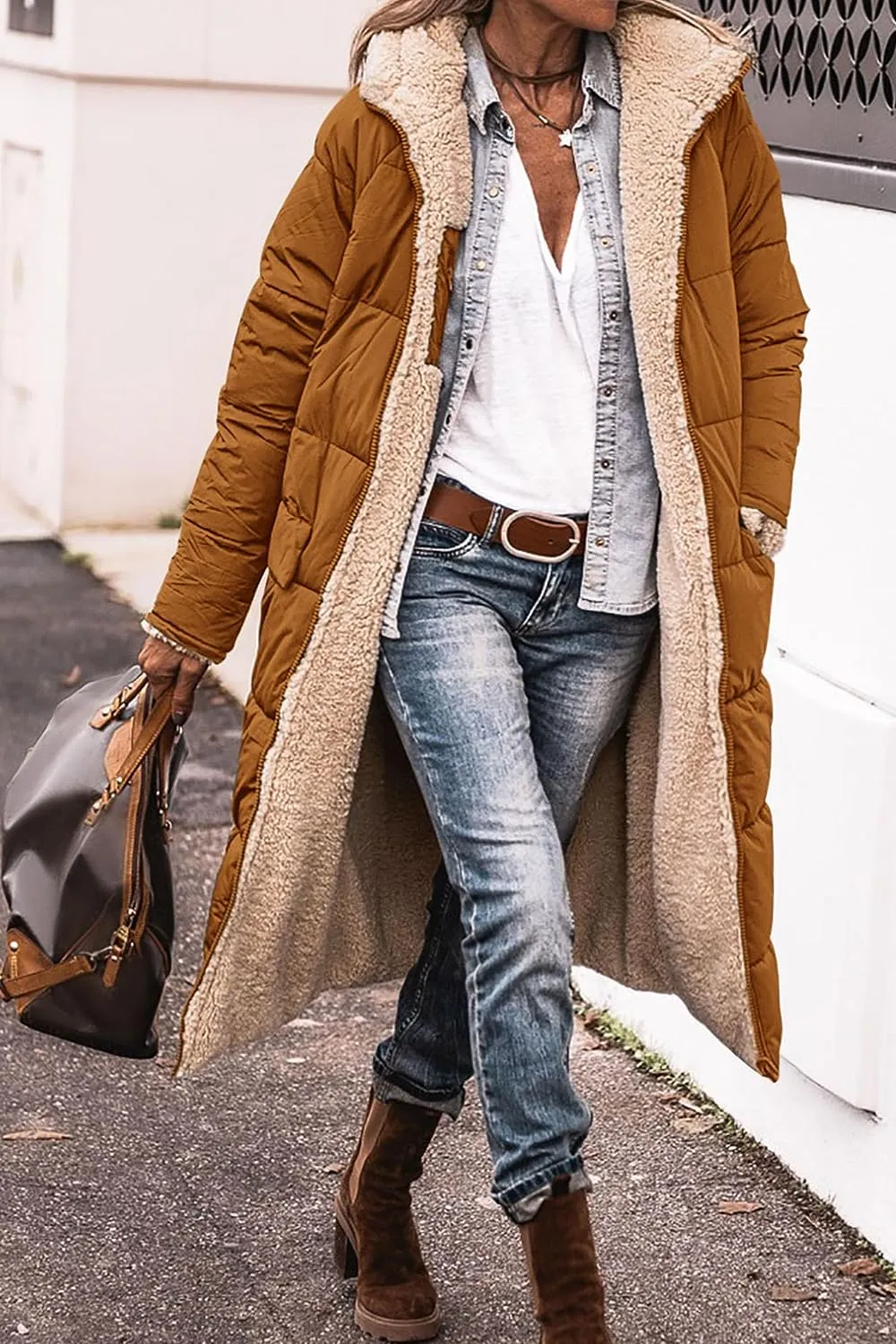 Women's Warm Winter Coats Reversible Sherpa Fleece Long Hooded Puffer Jackets Outerwear