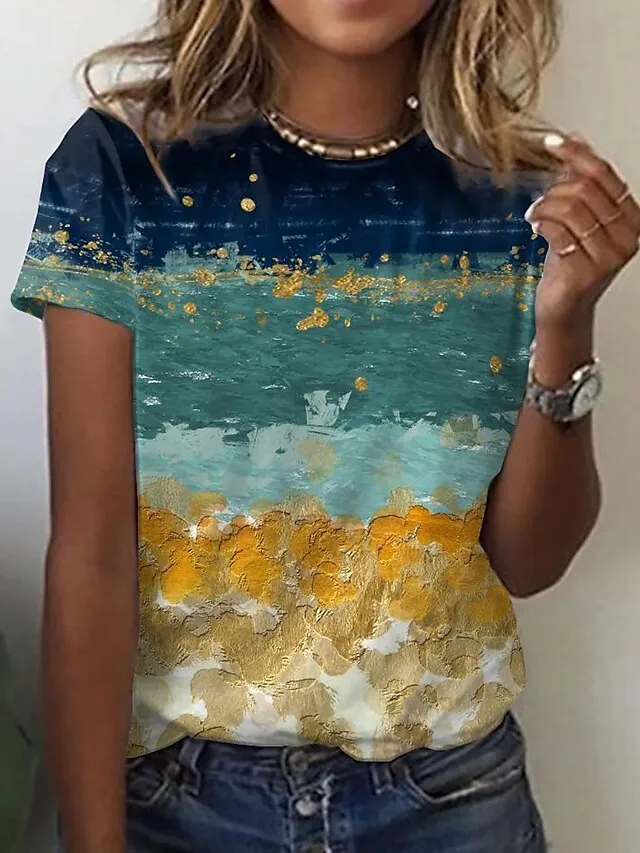 Women's T shirt Tee Grass Green Black Yellow Graphic Abstract Print Short Sleeve Daily Weekend Vintage Basic Round Neck Regular Geometric S