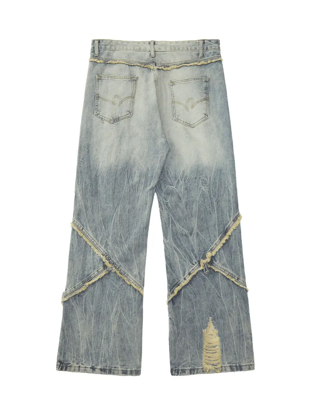 Heavy Washed Ripped Plaid Stitching Hip-Hop Jeans - 2174