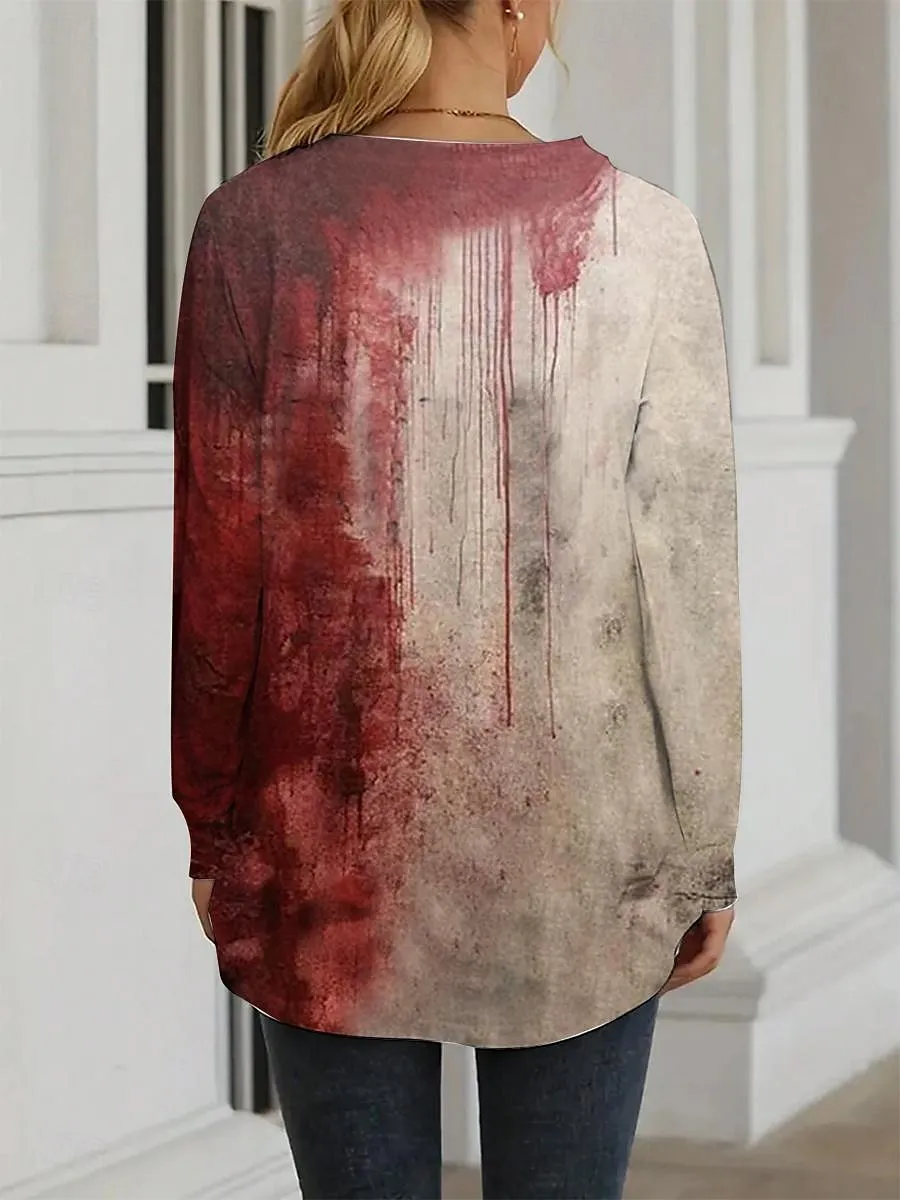 Women's T Shirt Bloodstain V Neck Long Sleeve Graphic Casual Color Block Letter Abstract Regular Tops Daily Print Red Spring Fall & Winter