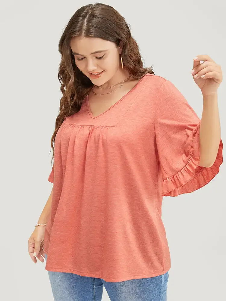 Solid Gathered Ruffle Trim Flounce Sleeve T-shirt