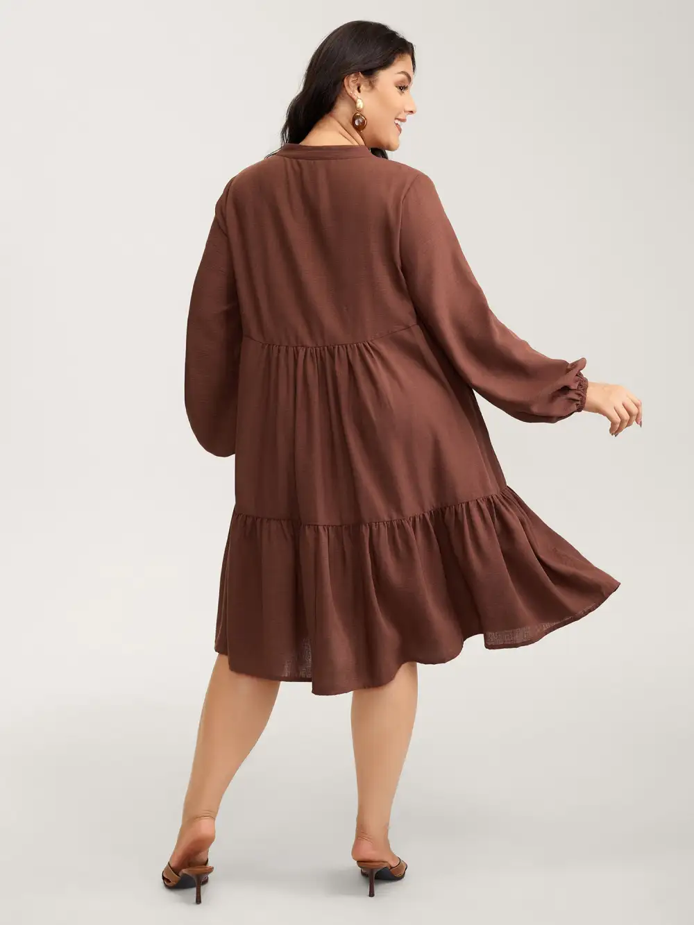 Drawstring Neck Tiered Balloon Sleeve Midi Dress
